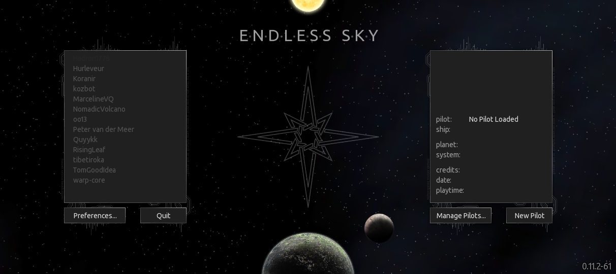 Endless Sky Android main menu showing version, credits, player information, and buttons